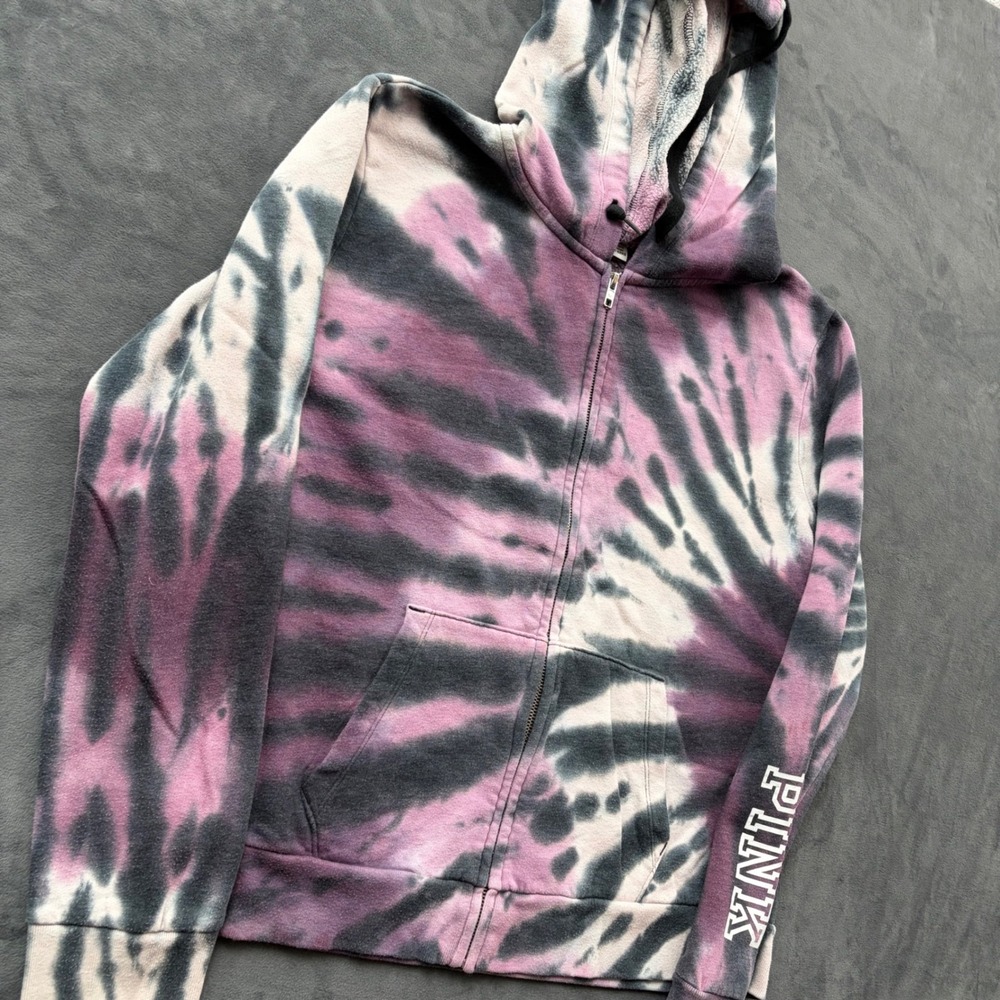 Victoria's Secret PINK Tie Dye Full Zip Hoodie Purple Black White Large - Picture 3 of 6